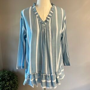 Misslook  oversized Ruffle edge V neck Blouse / Top  light blue wht striped S